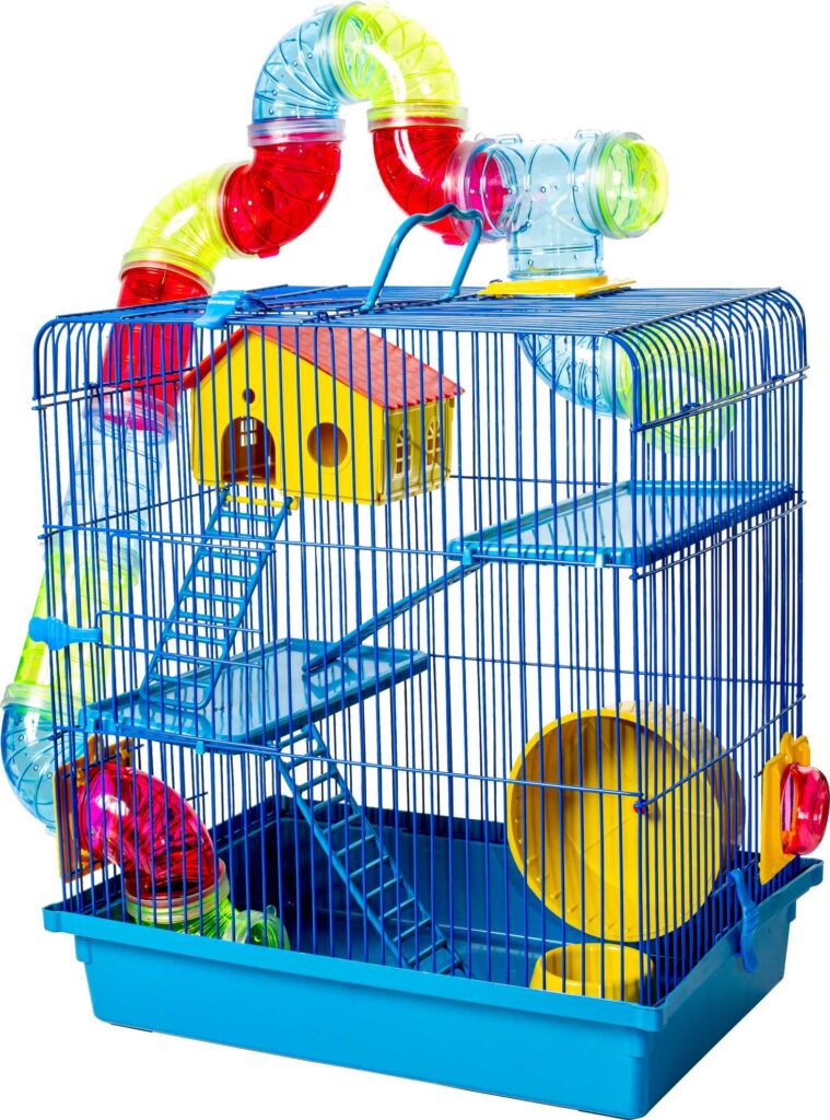 Blue hamster cage with levels and accessories
