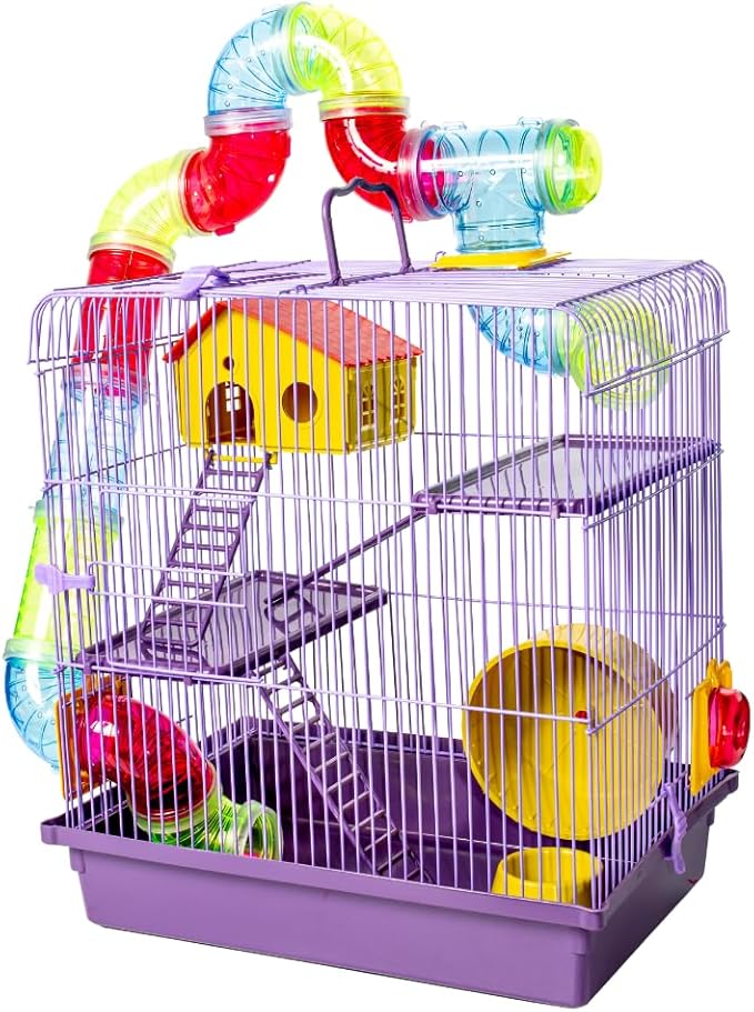 Purple hamster cage with levels and accessories