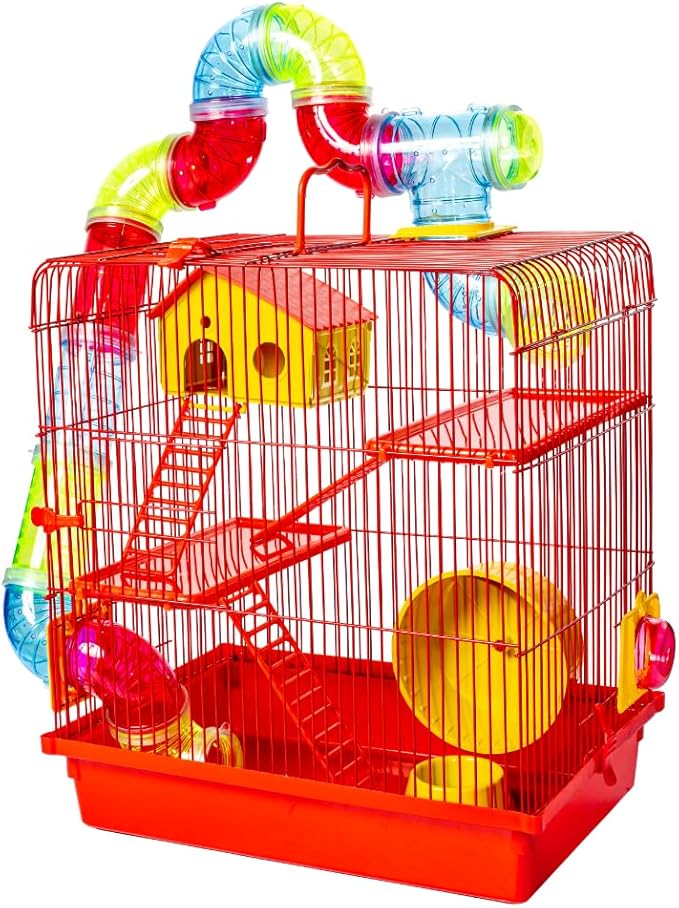 Red hamster cage with levels and accessories