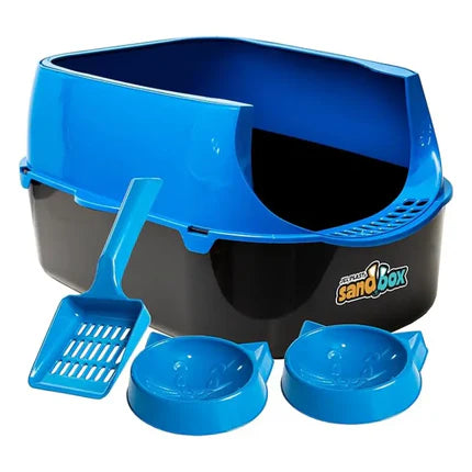 Hooded Cat Litter Tray with Scoop & Bowl Blue