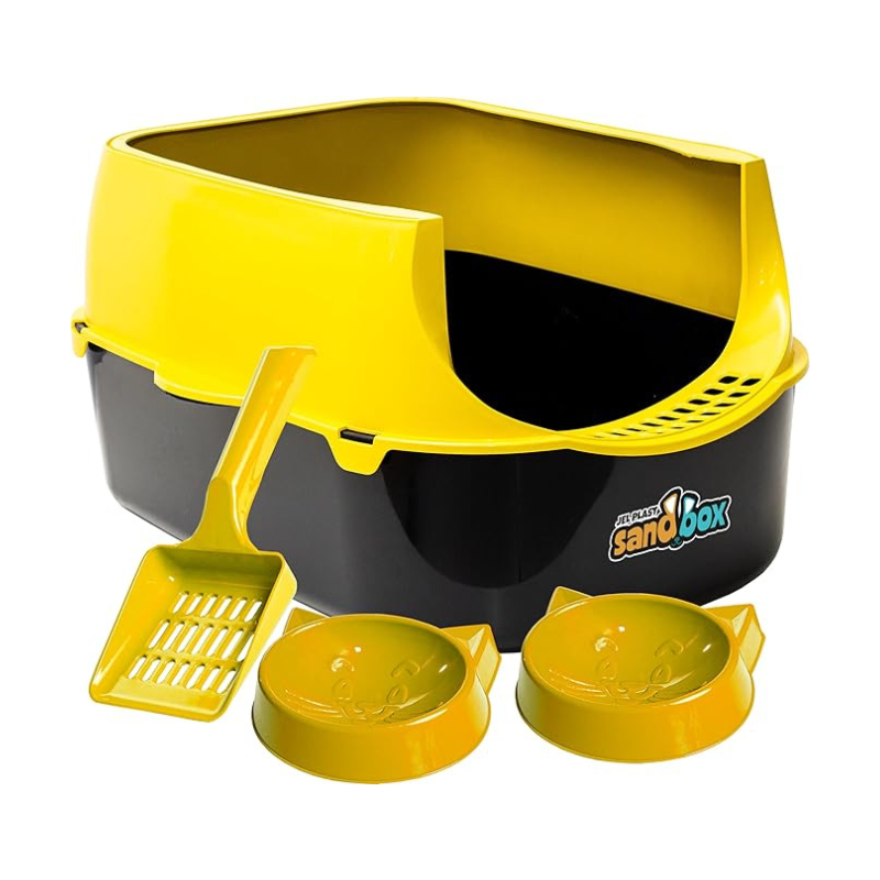 Cat litter box with lid, scoop and bowl - Yellow